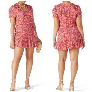 Tanya Taylor Zora Ruched Pink Floral Short-Sleeve V-Neck Dress Sz 12 RV $495
